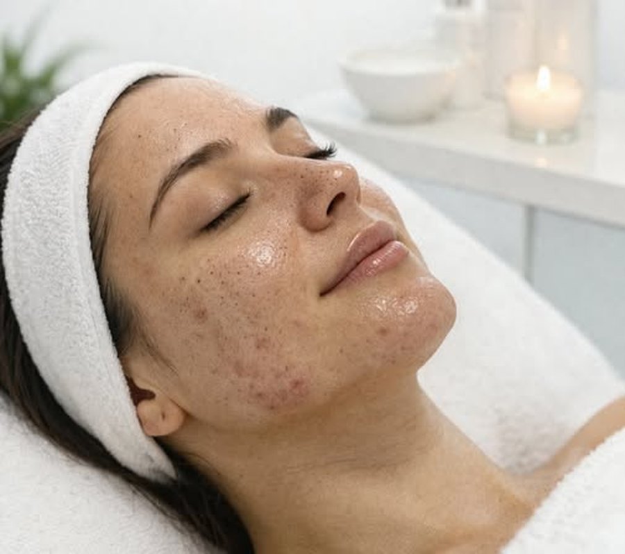 Paciente recibiendo un tratamiento facial en camilla, con toalla y productos de cabecera